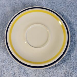 Vintage Japan Genuine Stoneware Saucer Plate Yellow Navy Blue Stripe Band 6.5"